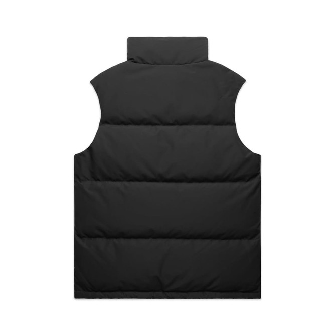 A black puffer vest with a high collar and no sleeves, featuring a logo on the back.