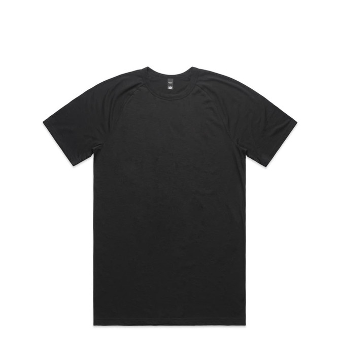 A black active blend t-shirt with a crew neck and short sleeves. The shirt features a logo.