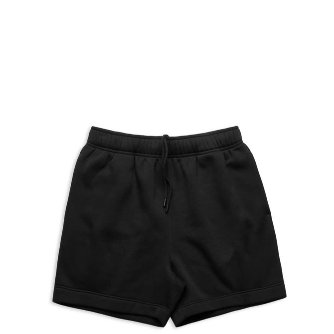 Black track shorts with an elastic waistband and drawstring. Features a logo on the front.