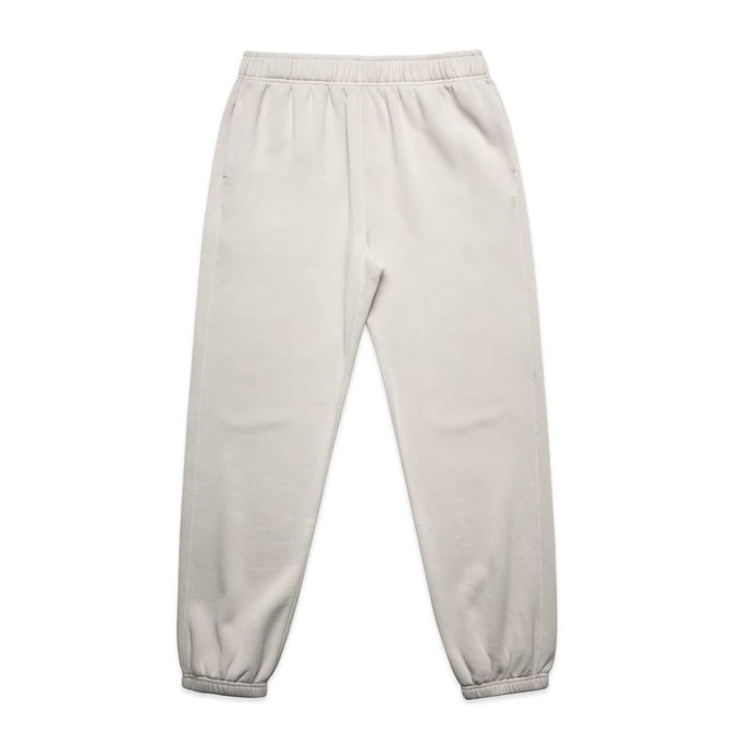 Light grey relaxed track pants with an elastic waistband and cuffs, featuring a logo on the waistband.