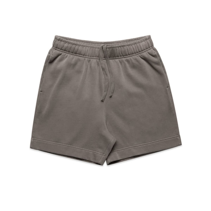 Faded grey track shorts with an elastic waistband and drawstring, featuring a logo.