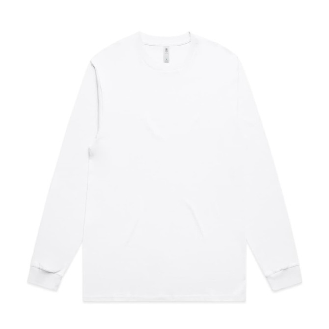 A long-sleeve white t-shirt with a round neckline, featuring a simple design and a logo.