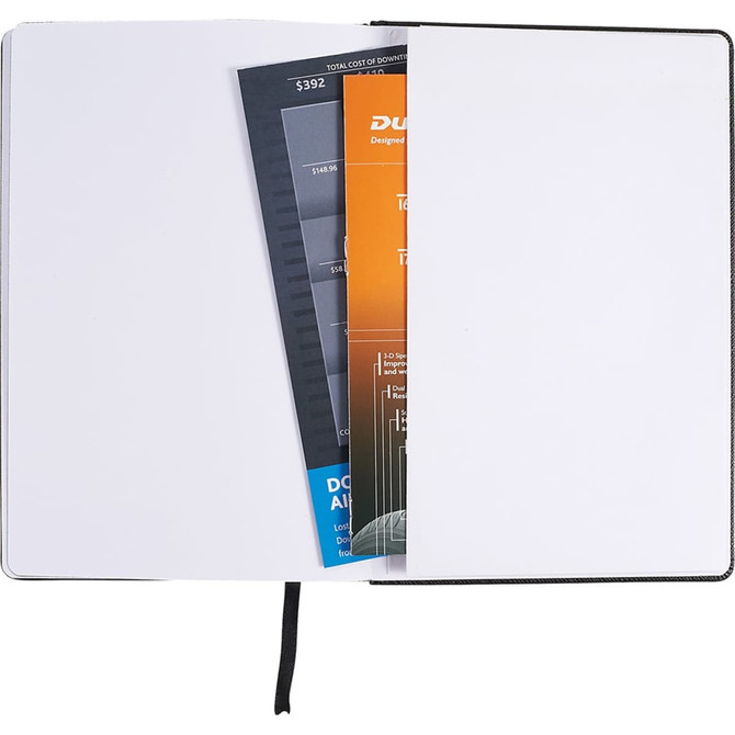 An open notebook with a black cover displaying blank pages and inserted brochures or documents.