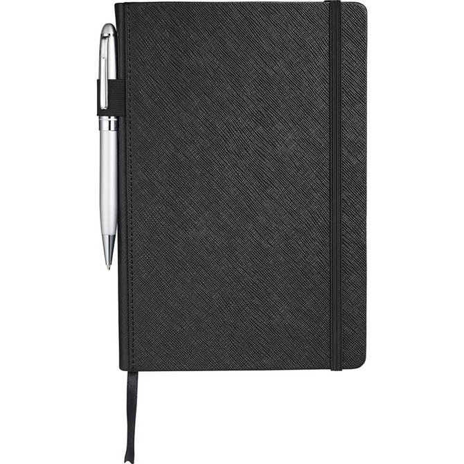 A black journal with a textured cover, featuring an elastic band and a silver pen clipped to the side.