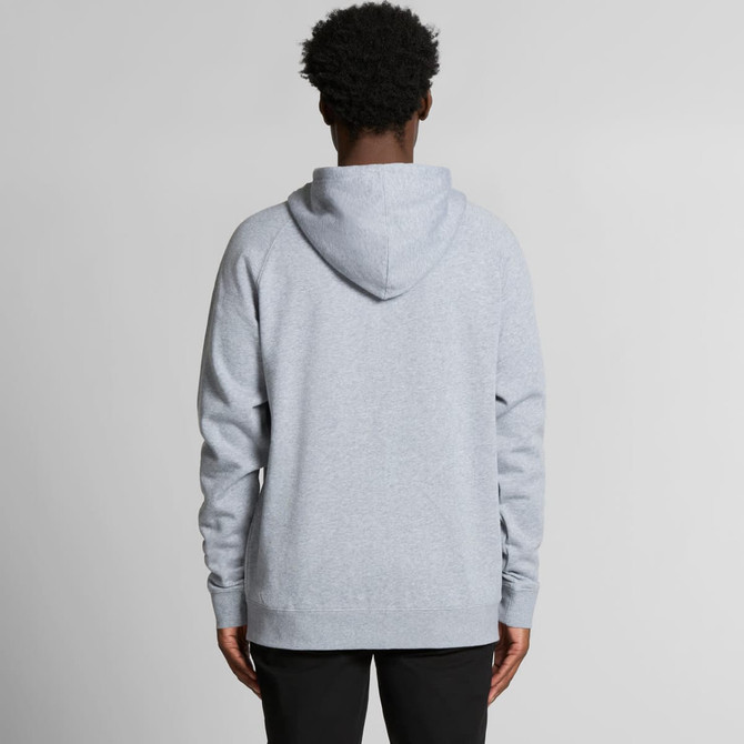 A grey zip hoodie featuring a large hood and long sleeves, with a branding logo on the back.