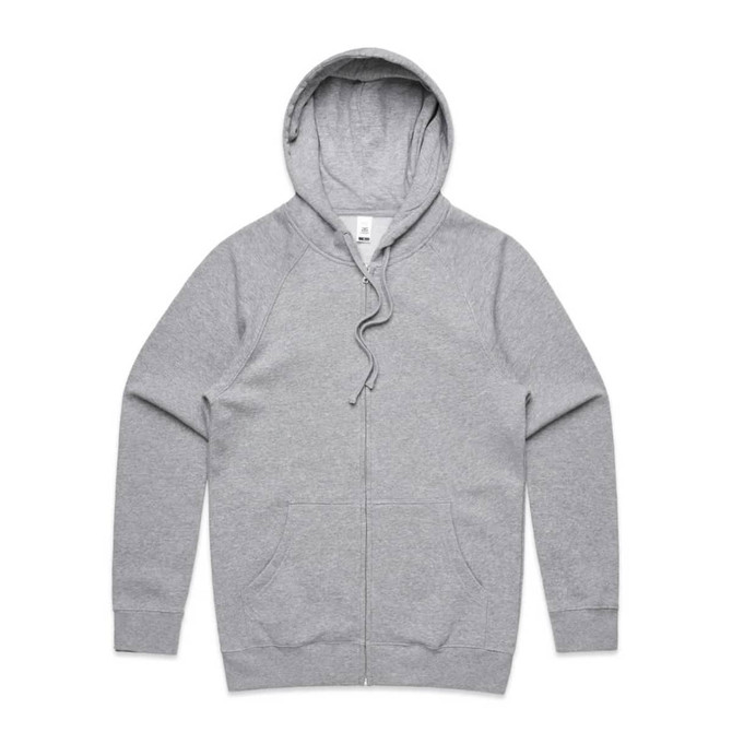 A grey zip-up hoodie featuring a drawstring hood and a logo.