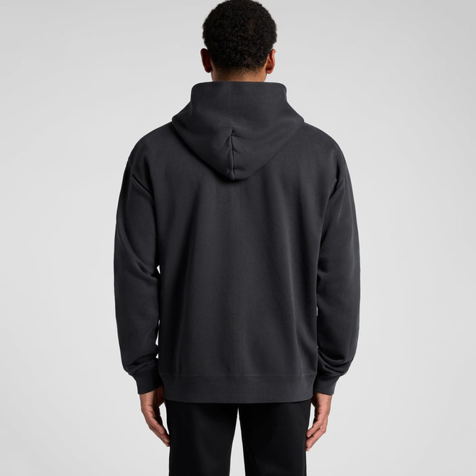 A black zip-up hoodie featuring a hood, displayed from the back, with a simple design and a logo.