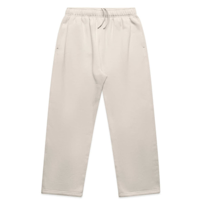 Relaxed cuffless track pants in a light beige colour with an elastic waistband and two side pockets.