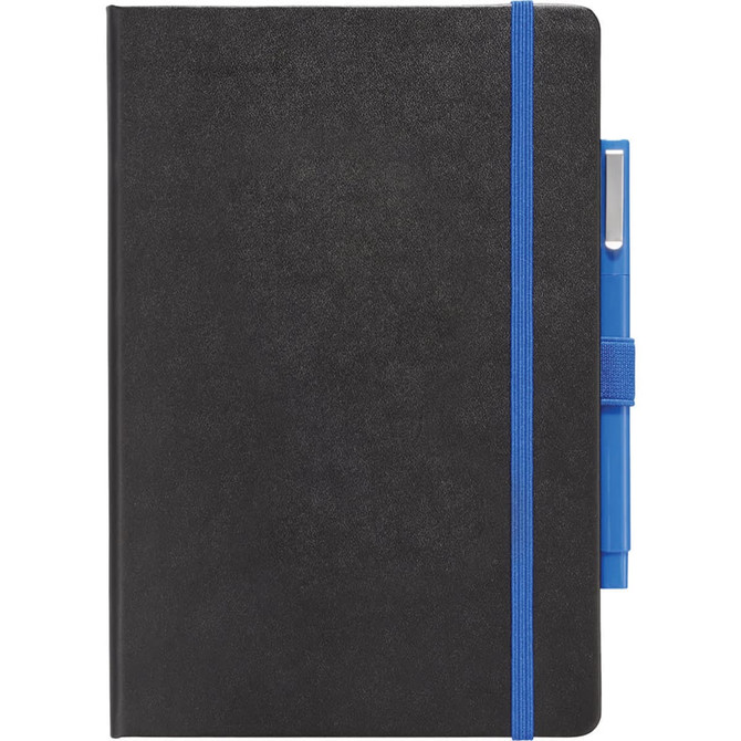 A black journal with a blue elastic band and a blue pen holder, featuring a logo on the cover.