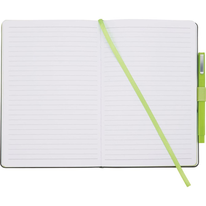 A bound journal in black with lined pages, a green elastic closure, and a matching green pen attached.