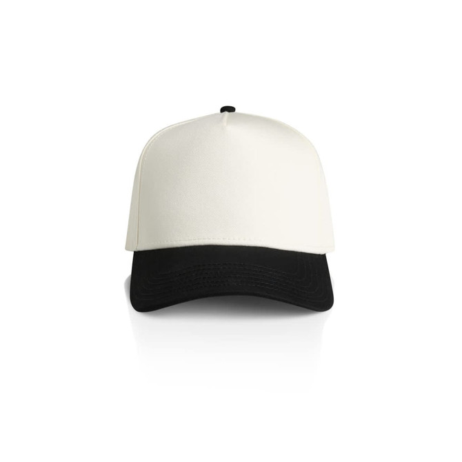 A two-tone cap featuring a white front and a black brim, with an adjustable strap and logo branding.