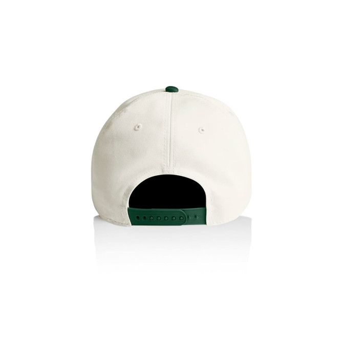 A two-tone cap featuring a cream exterior and a green adjustable strap at the back, with a logo present.