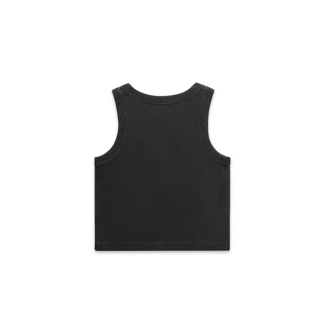 A black organic rib crop tank with a sleeveless design and a simple back. It features a logo on the fabric.