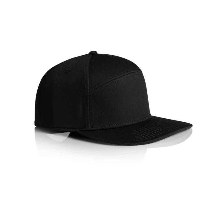 A black 7-panel cap featuring a curved brim and a structured design, with a logo on the side.