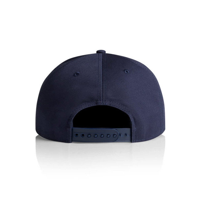 A dark navy 7-panel cap featuring a strapback closure and no visible branding on the back.