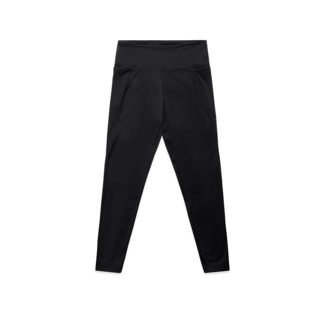 Black mid-length leggings with a smooth waistband and an unseen logo. Perfect for active wear.