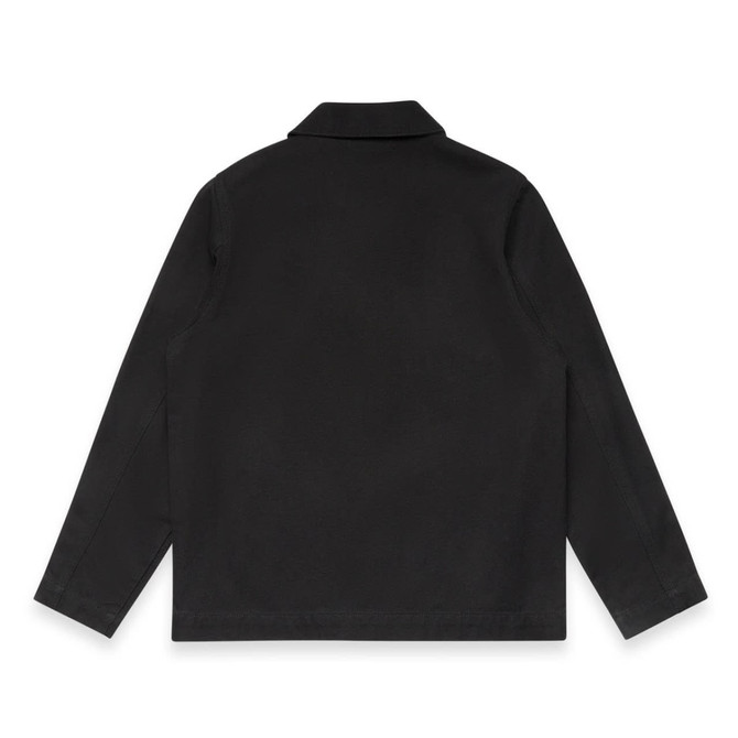 A black canvas chore jacket with long sleeves and a collar, featuring a logo on the back.