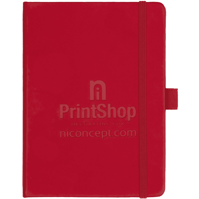 A red hard-bound journal with an elastic band and a branded logo on the cover.
