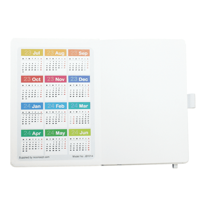A hard bound journal features monthly calendar pages in various pastel colours, with a logo on the cover.