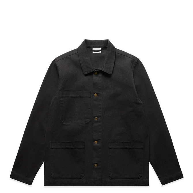 A black canvas chore jacket featuring a collared neck, button closure, and multiple front pockets.