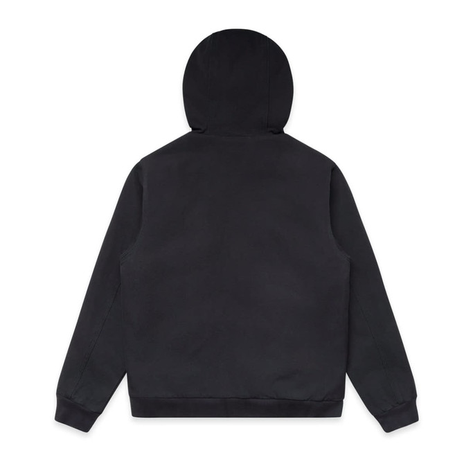 A black bomber hood jacket with a plain back and a hood. It includes a logo.