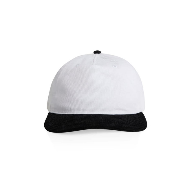 A two-tone cap featuring a white body and a black peak, with a branding logo on the front.