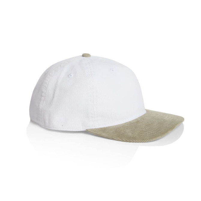 A two-tone cap featuring a white fabric crown and a beige corduroy brim, with a logo on the front.