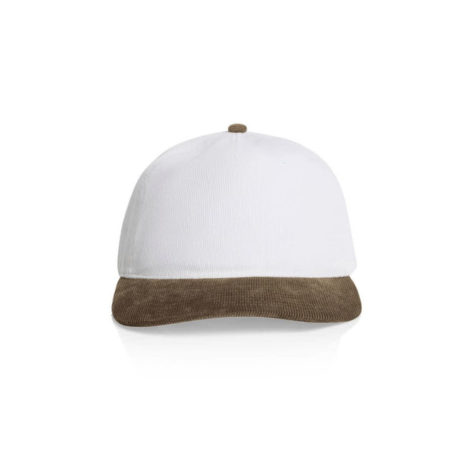 A two-tone cap featuring a white upper and a brown corduroy brim, with a logo on the front.