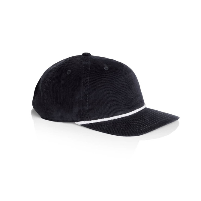 A black corduroy cap featuring a white rope detail, with a logo on the front.