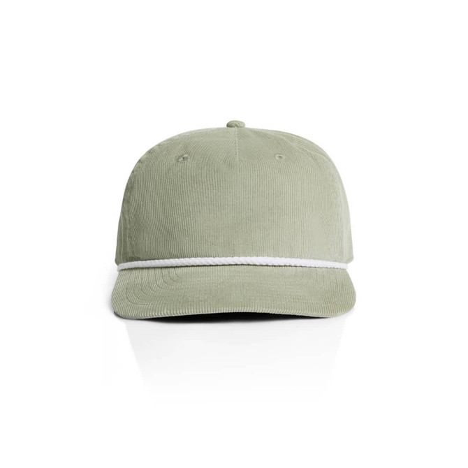 A green corduroy cap featuring a white rope accent and a logo on the front.