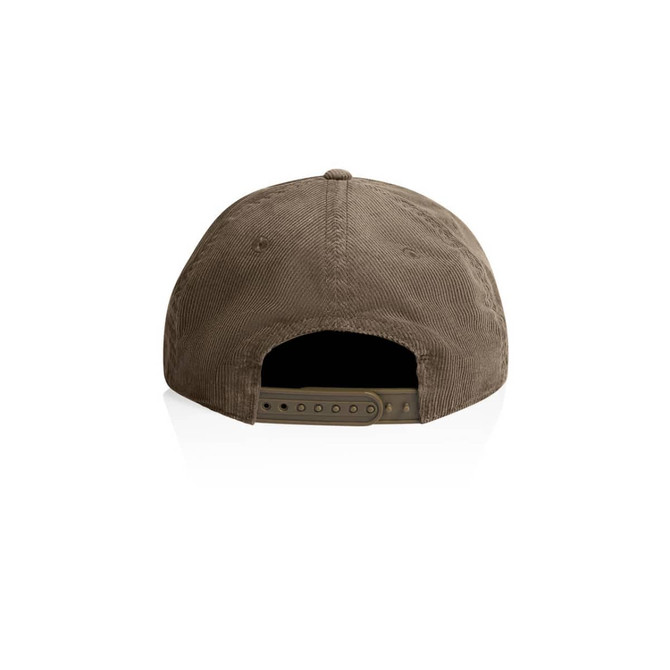A corduroy cap in a muted brown colour, featuring a snapback closure and a textured surface.