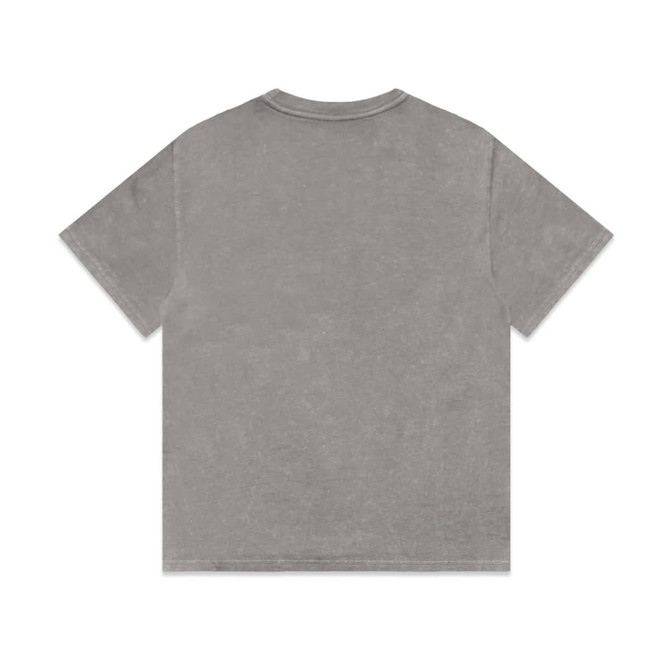 A grey stone wash heavy tee with short sleeves and a round neckline. The shirt features a logo on the back.