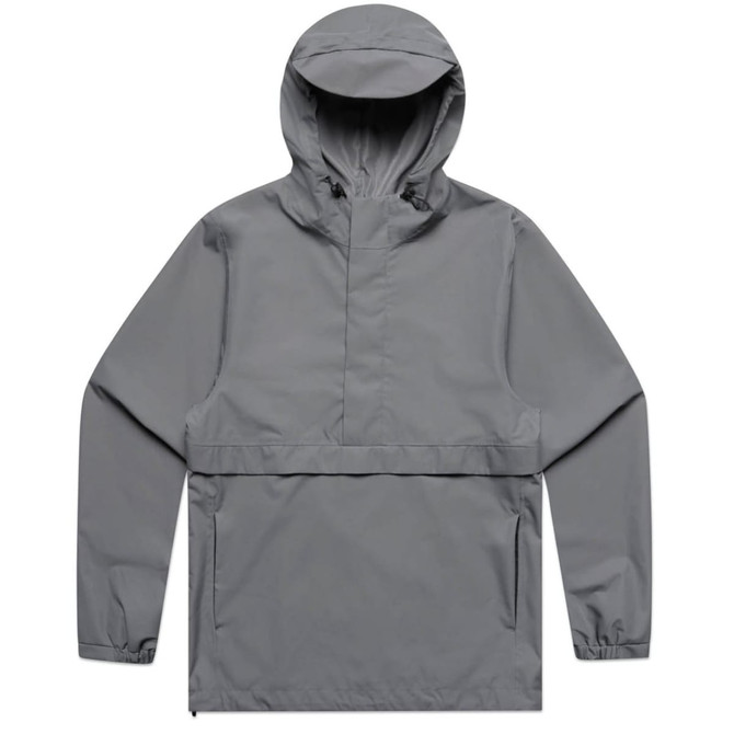 A grey windbreaker jacket with a hood and long sleeves, featuring a kangaroo pocket and a branding logo.