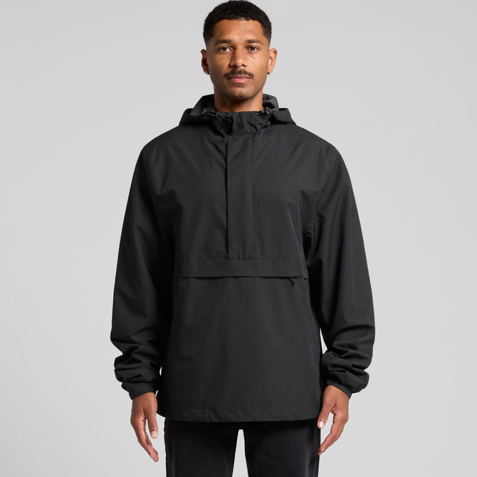 A black windbreaker jacket with a hood and a front pocket, featuring a logo on the front.