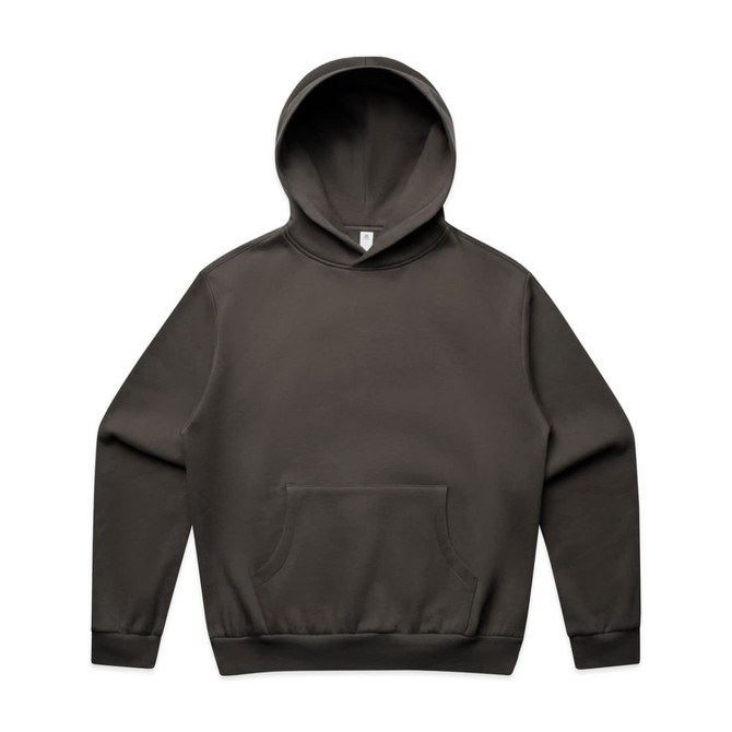 A dark grey hoodie with a front pocket and a drawstring hood. It features a logo on the lower side.