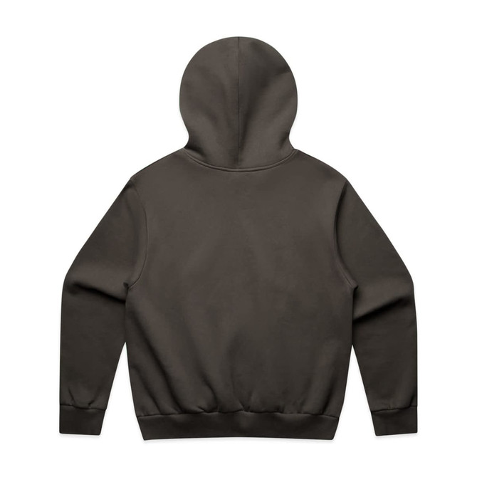 A dark grey hoodie with a large hood and ribbed cuffs. The back view features a plain design.