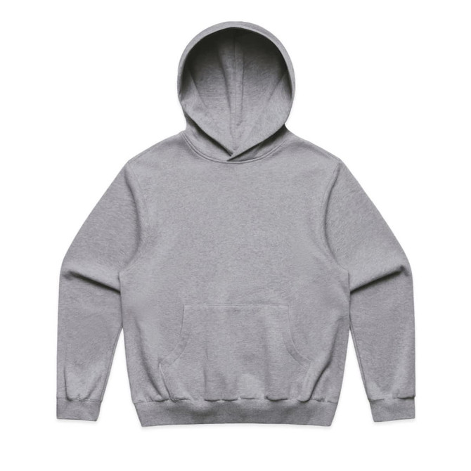 A grey hoodie featuring a front pocket and a hood, with a logo on the chest area.