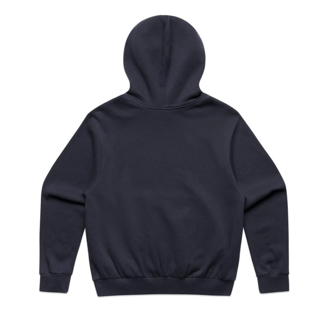 A navy hoodie with a solid colour and a large hood, featuring a branded logo on the front.