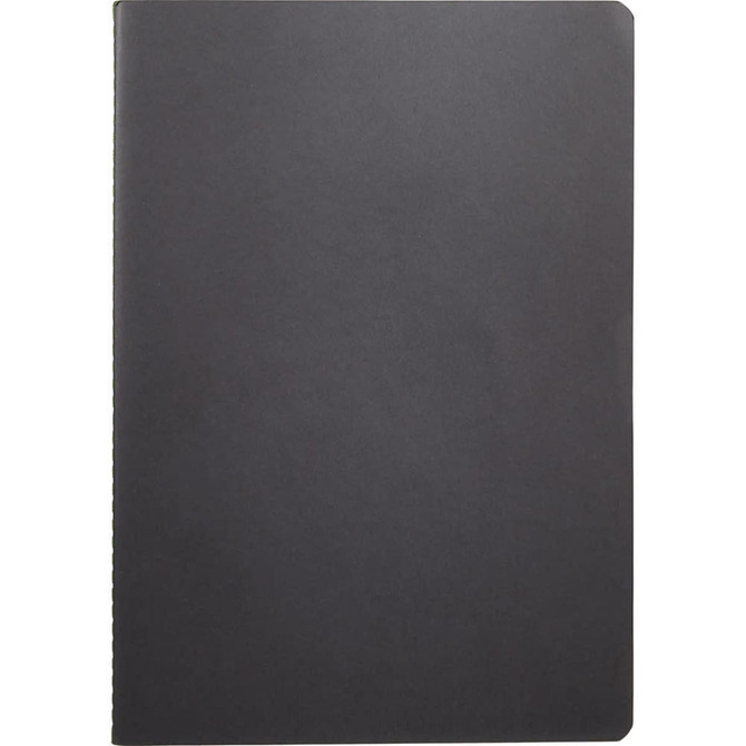 A black saddlestitch journal with a smooth cover and rounded corners, featuring an internal logo branding.