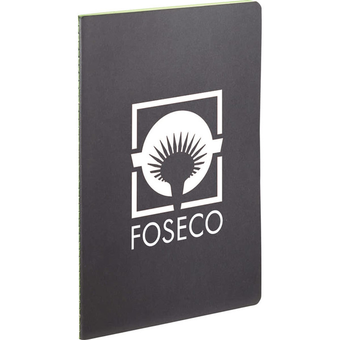 A black journal with a green interior and a logo on the front cover.