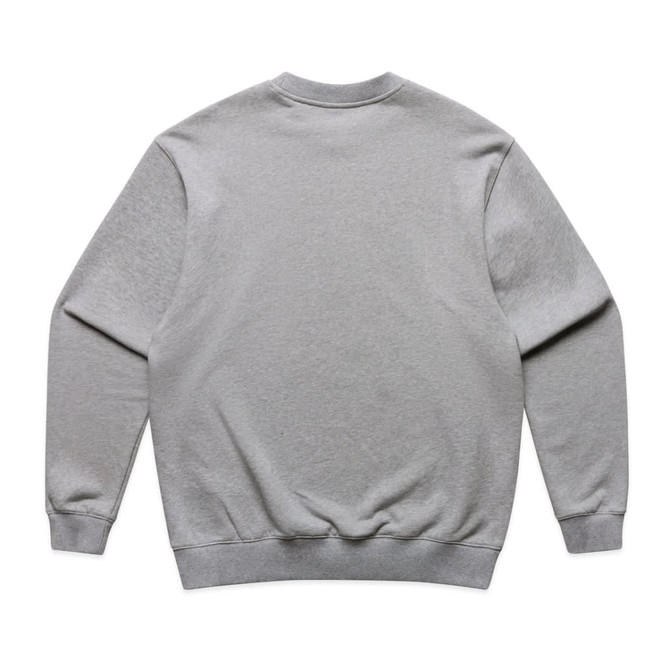A grey jumper with a round neck and long sleeves, featuring a brand logo on the back.