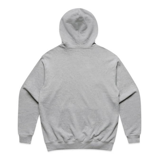 A grey hoodie with a spacious hood and long sleeves, featuring a logo on the back.