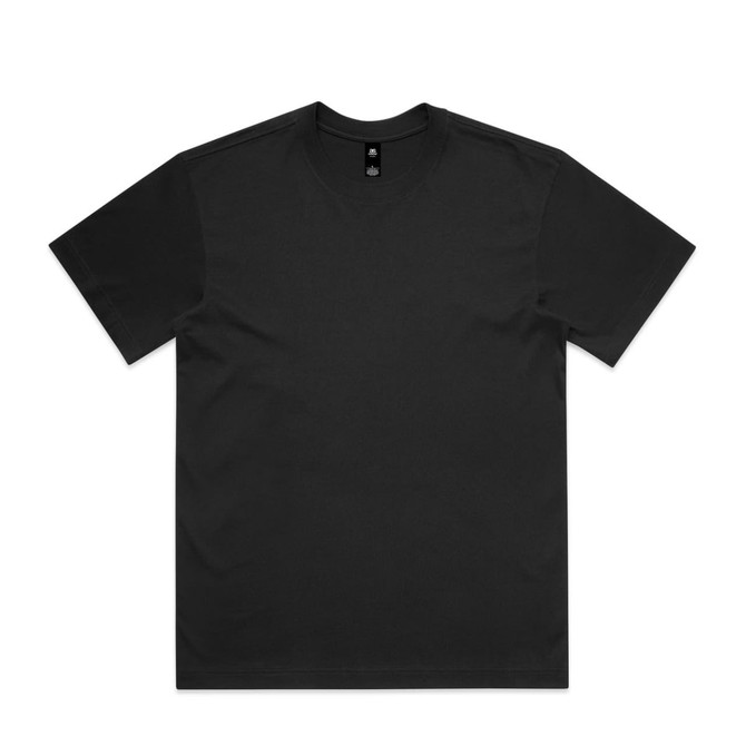 A black t-shirt with a crew neck and short sleeves featuring a logo on the inside neck.