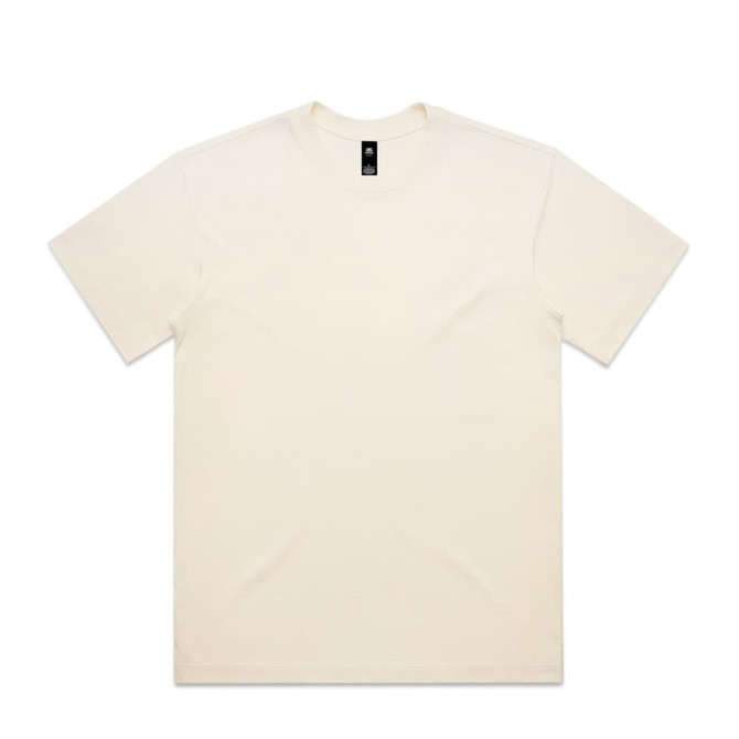 A plain cream-coloured T-shirt featuring a tag and no visible design or branding.