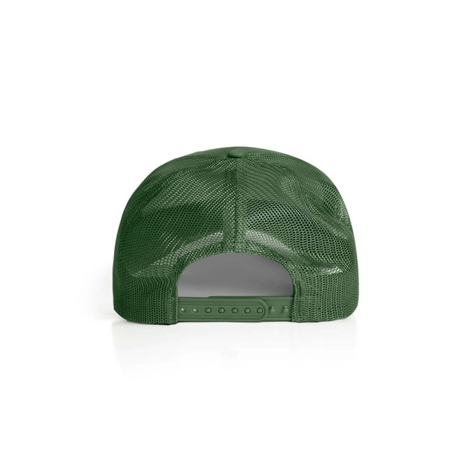 A green mesh trucker cap featuring a snapback closure and a breathable mesh design at the back.