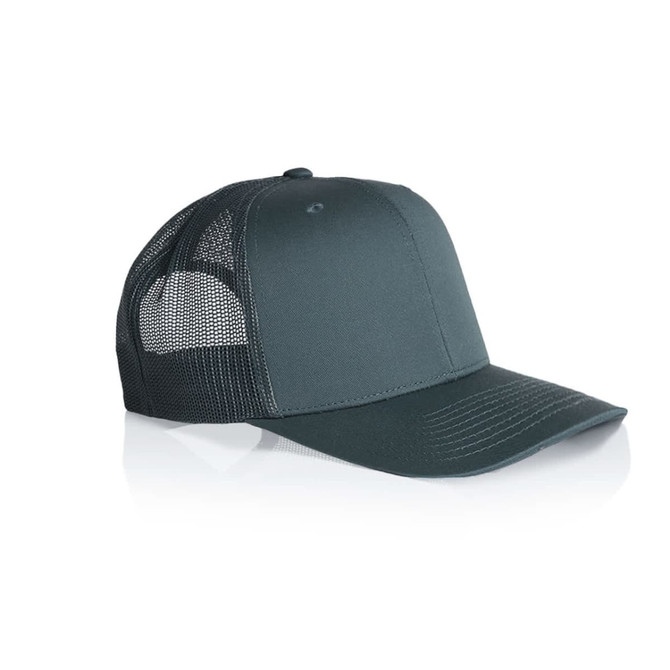 A dark green mesh trucker cap featuring a solid front panel and a mesh back. It includes a logo on the front.