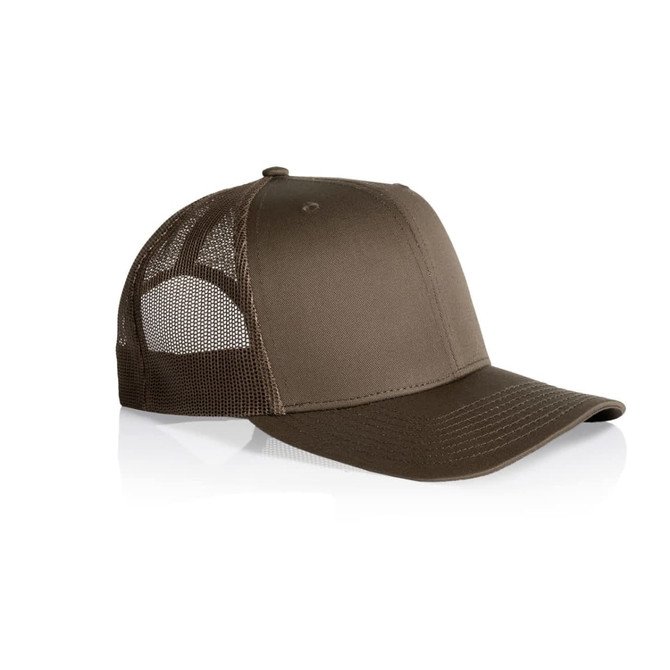 A brown mesh trucker cap featuring a solid front panel and mesh back panel, complete with a brim.