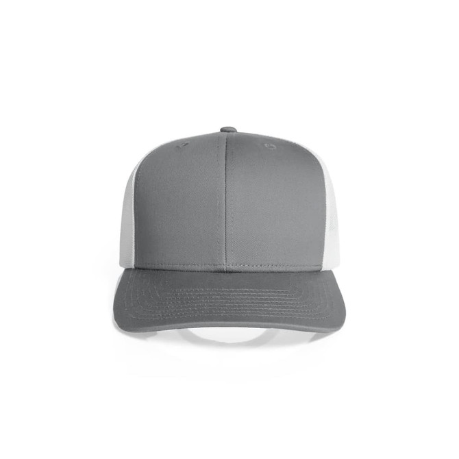 A grey trucker cap with a mesh back and a solid front, featuring a logo on the front panel.