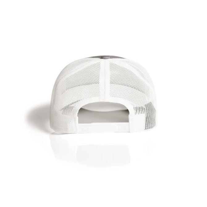A white mesh trucker cap with a contrasting coloured front panel and an adjustable back.