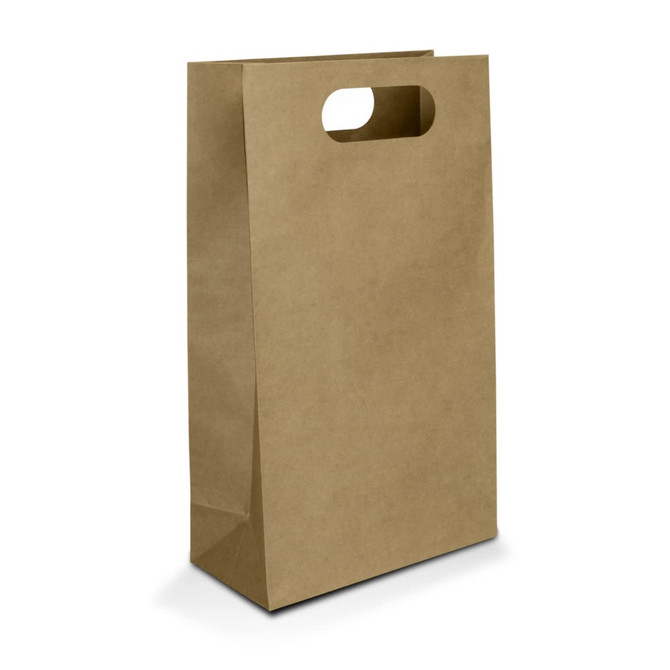 A brown die cut paper wine bag with a handle and flat base. It features a plain design and no visible branding.